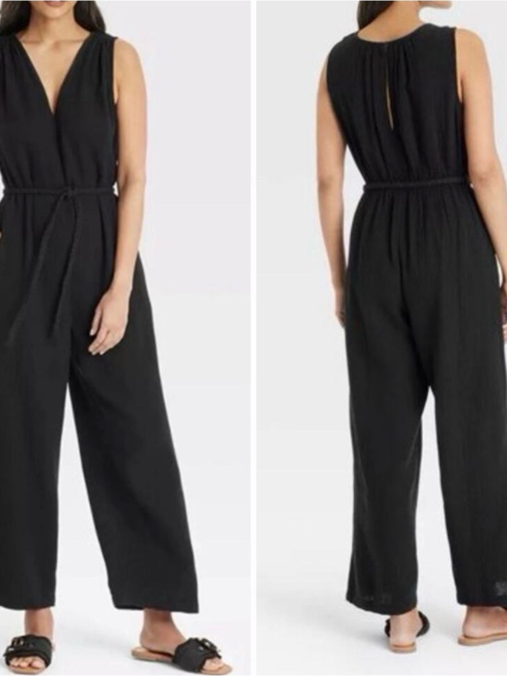 Universal Thread Black Sleeveless V-Neck Wide-Leg Jumpsuit with Tie Waist